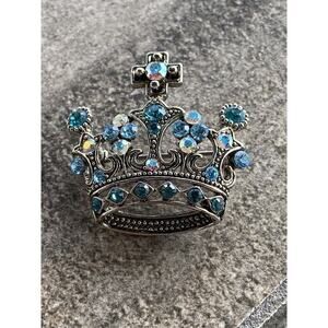 Queen’s Crown Brooch Pin Blue & AB Glass Rhinestones Gunmetal Tone